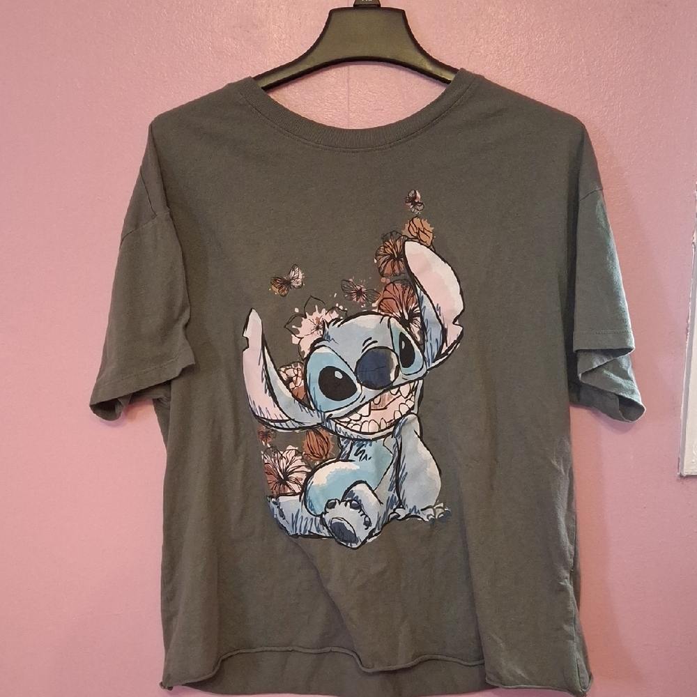 Disney Stitch Floral Short Sleeve Tee - Dark Green!
